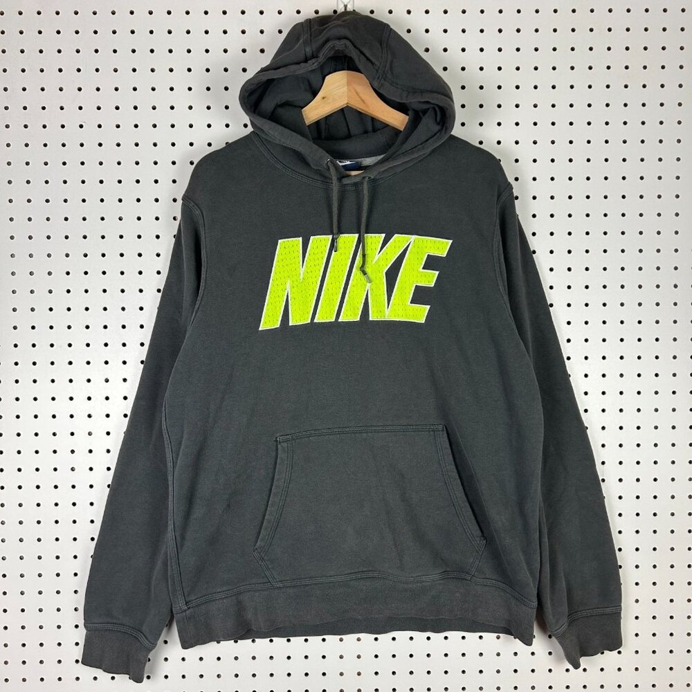 Nike‎ Y2K Hoodie Sweatshirt Large Gray Neon Green Pullover Spellout Crest Swoosh